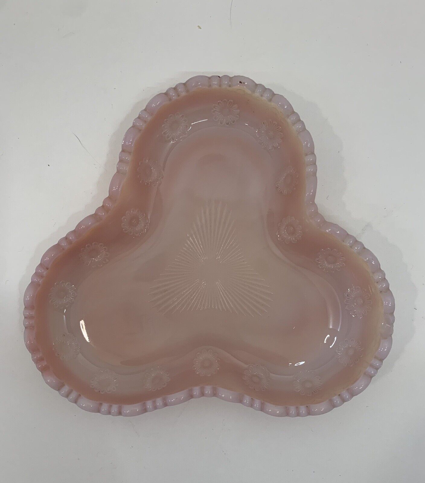 Antique Victorian Pink Glass 3 Section Tray Forget-Me-Nots