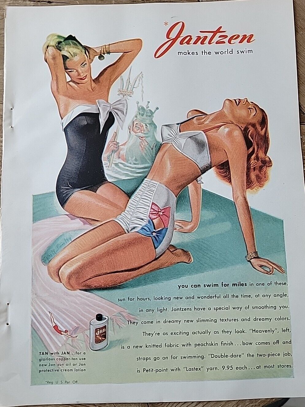 1947 Womens Jantzen Tan With Jan Sun Oil Swimsuit Fashion Art Ad