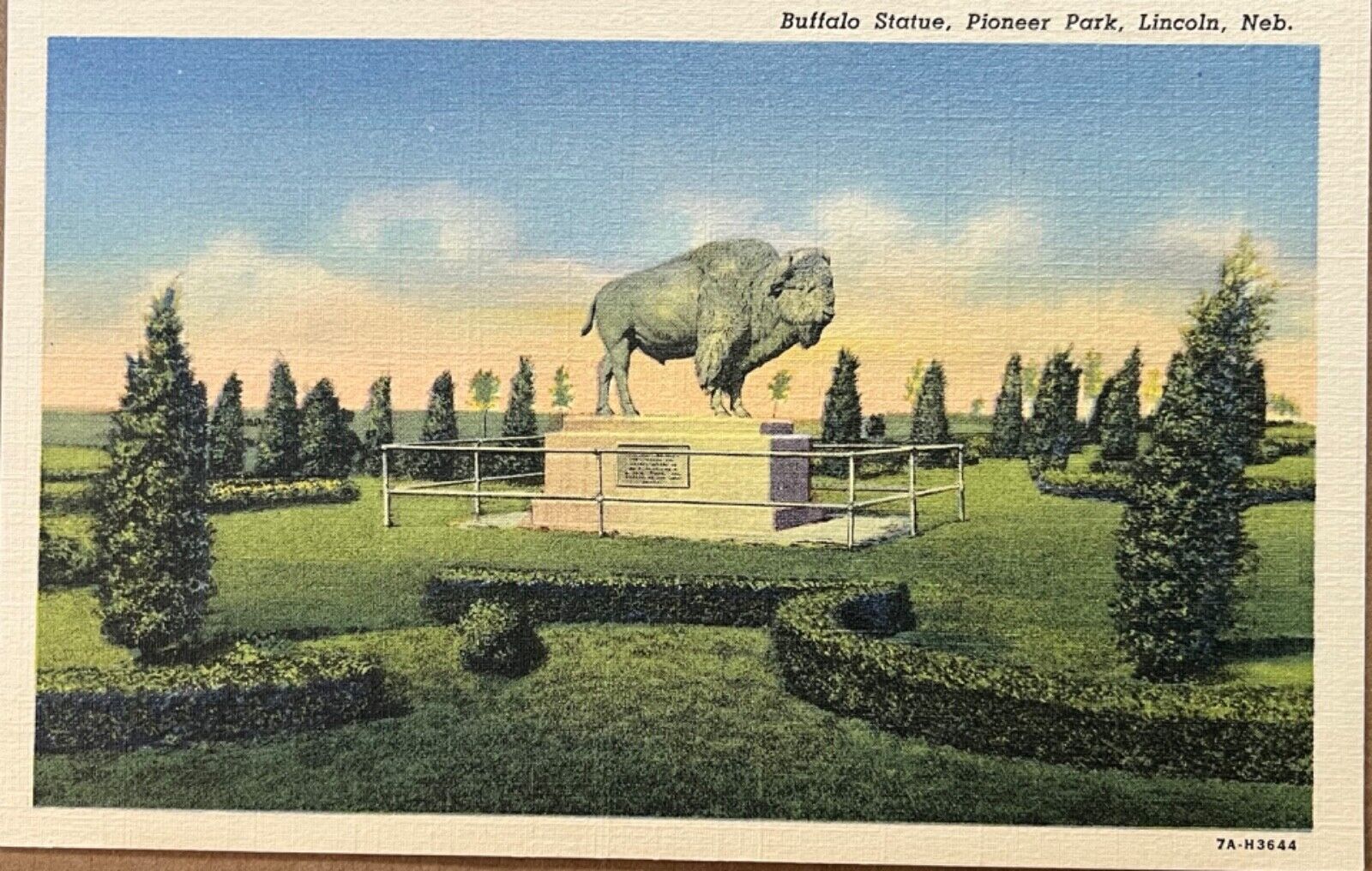 Lincoln Nebraska Buffalo Statue Pioneer Park Postcard c1930