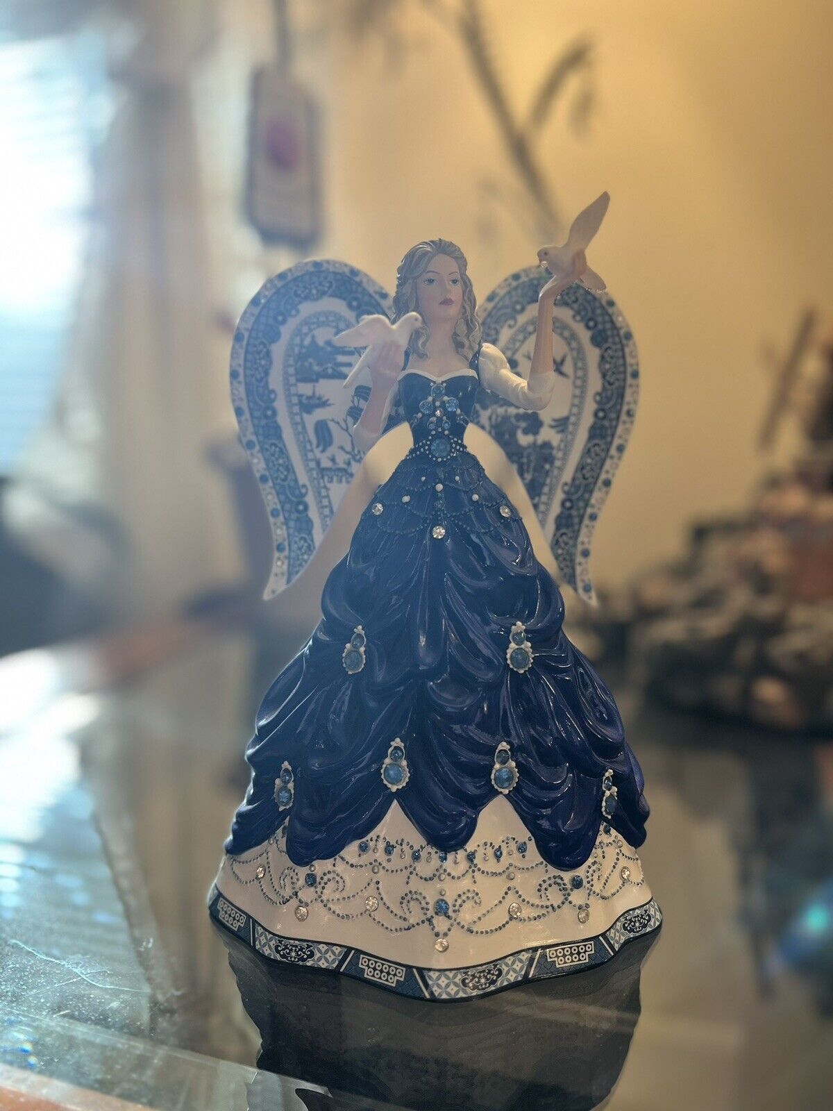 Sparkling Blue Willow Angel Lady Figurine Bradford Exchange