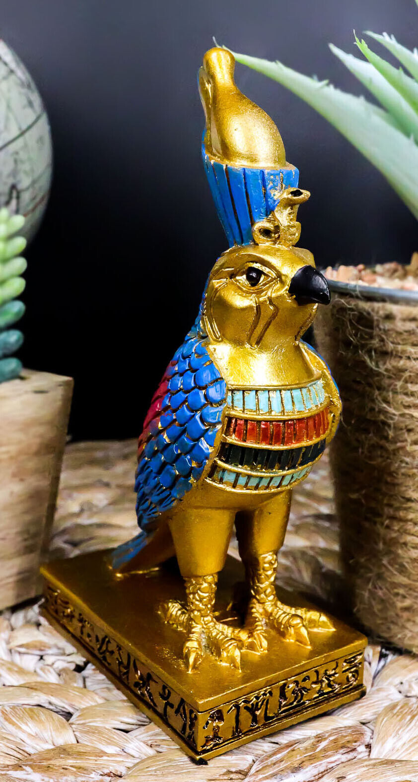 Egyptian God Horus Falcon Bird With Pschent Crown On Royal Pedestal Figurine