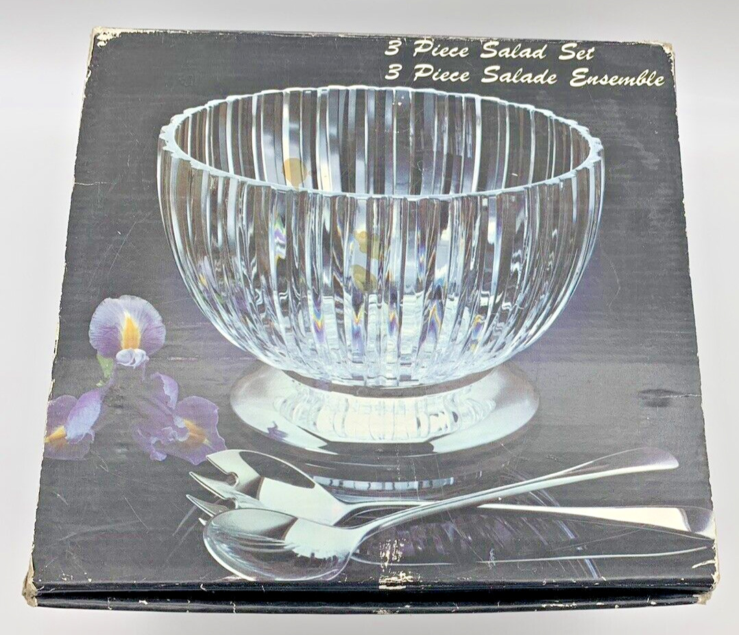 Vintage Godinger Italy 1982 Elegant Glass 3 Piece Serving Salad Set in Box New