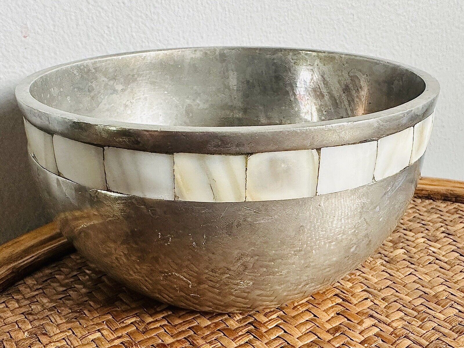 Vintage Metal with Mother of Pearl Inlay Band Bowl 2 3/4\
