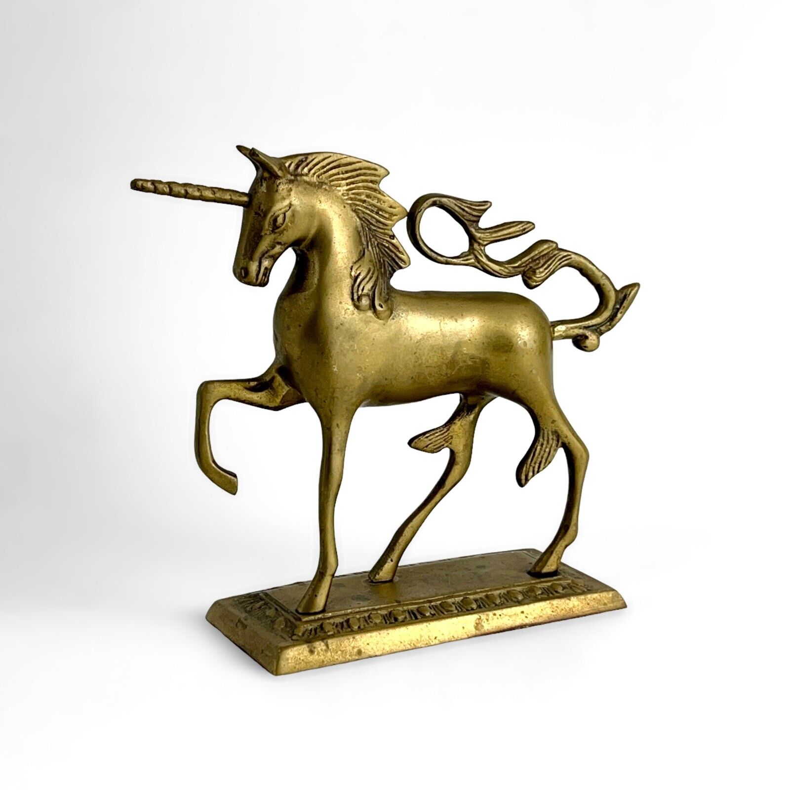 Vintage Solid Brass Prancing UNICORN Figure Mythical Sculpture 9x7 Paperweight