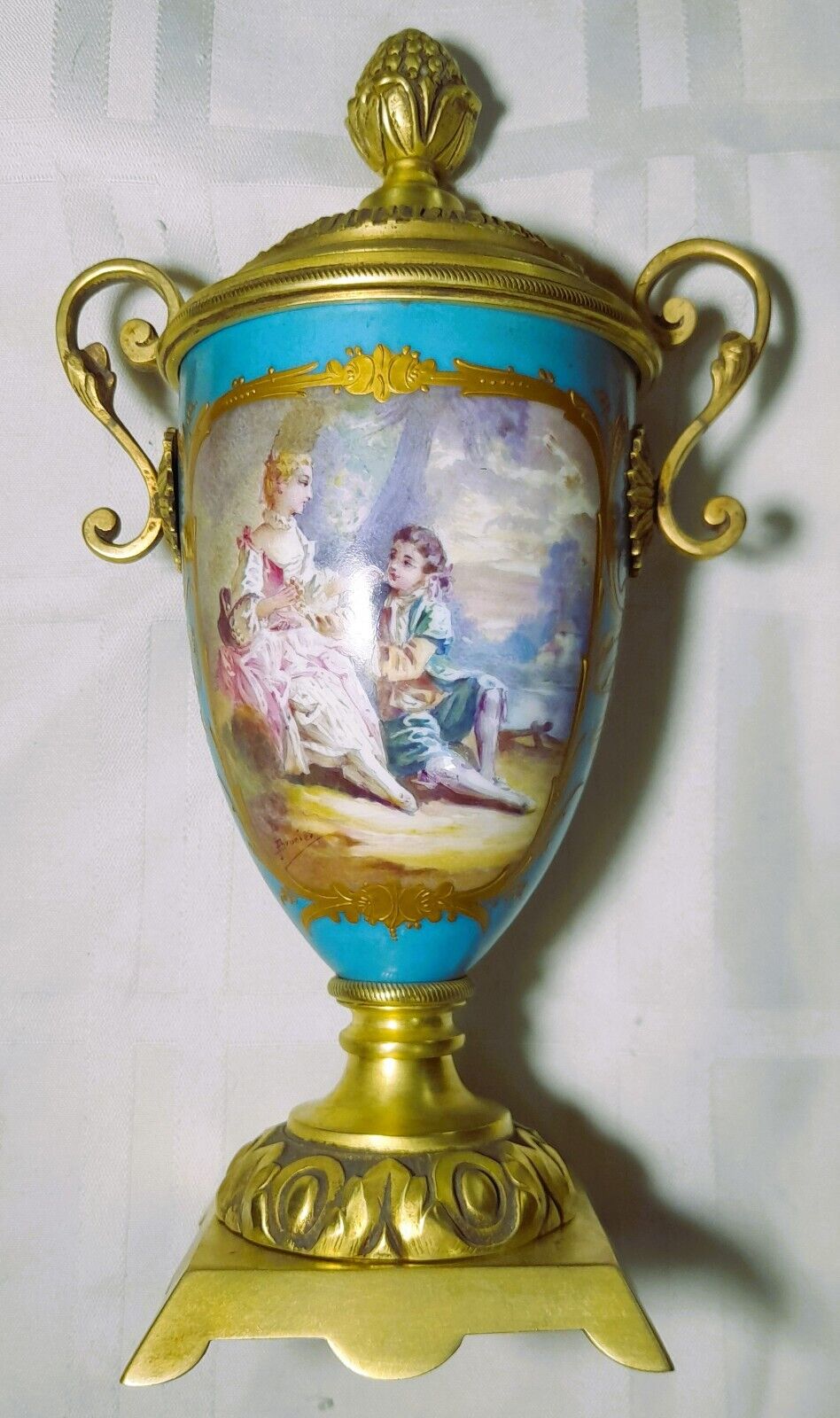 Sevres style amphora, hand-painted, gallant scene signed by Brunier