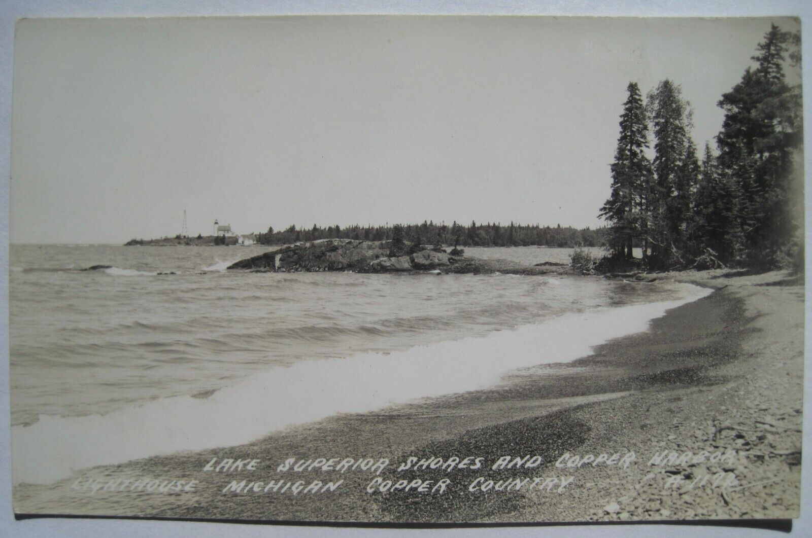 Lake Superior, Copper Harbor MI Lighthouse Old 1925-42 RPPC Michigan Postcard +1