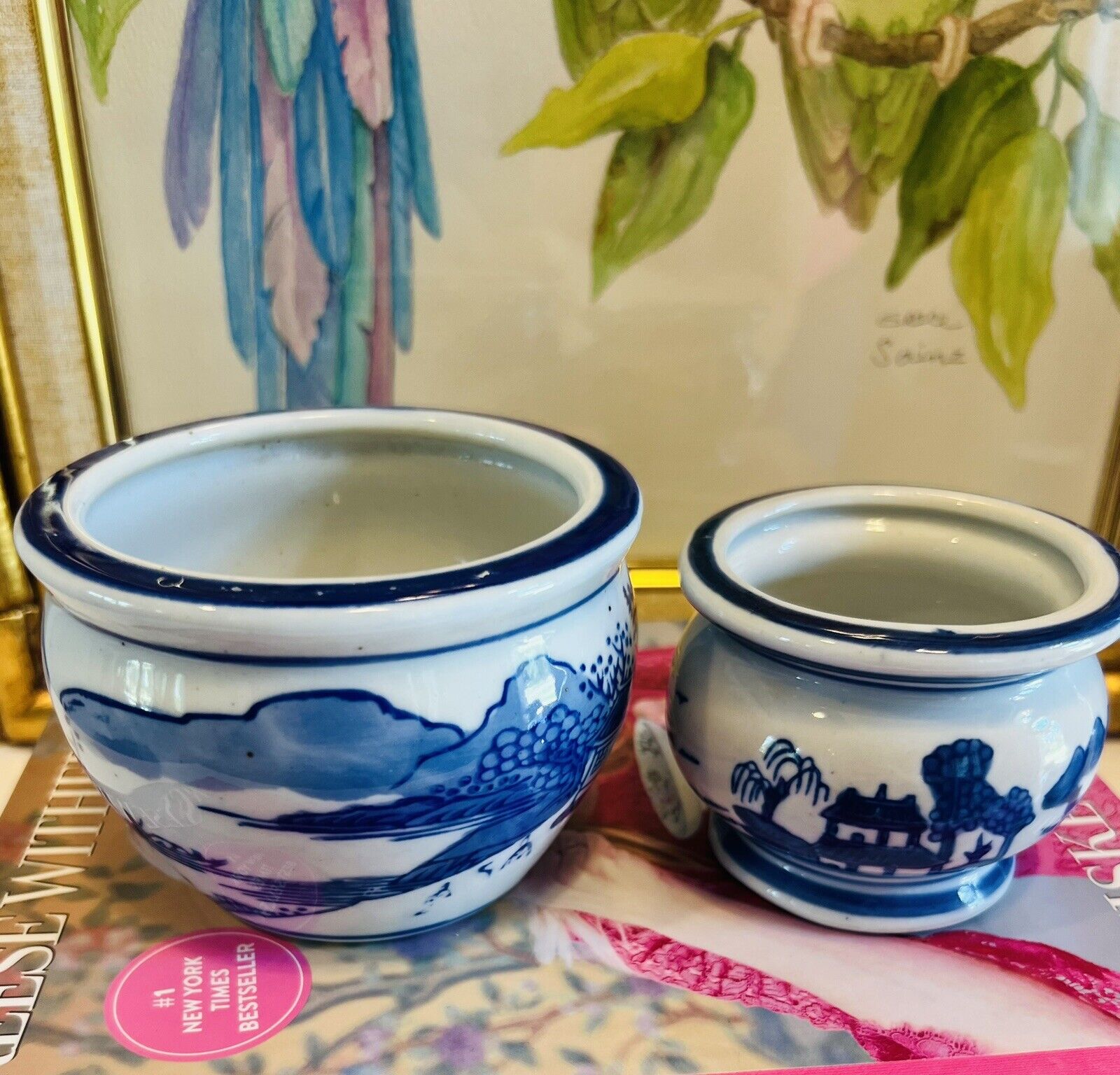 2 Vintage Petite Chinese Landscape Planters, Blue & White Ceramic, Chinoiserie