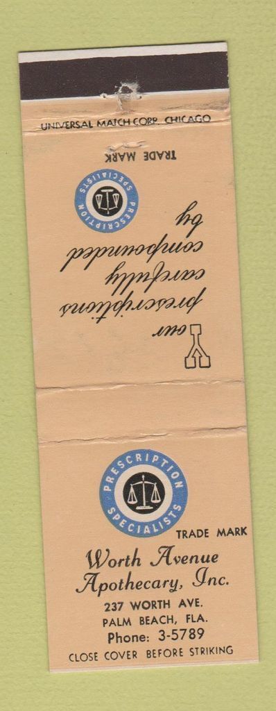 Matchbook Cover - Worth Avenue Apothecary Palm Beach FL