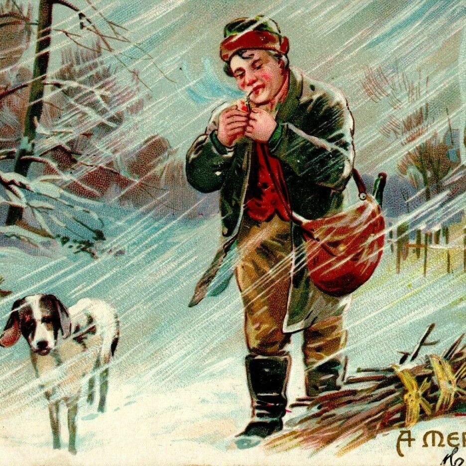 Antique Christmas Postcard Man Lighting Pipe Dog Fire Bundle Cabin Windy Snowy