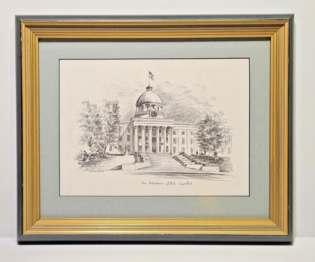 VTG ALABAMA State Capitol Framed Print of B/W drawing by Joseph Stone Non Glare