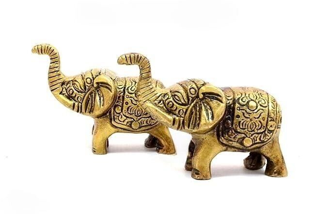 Handcrafted Brass Elephant Showpiece, Antique Yellow, Standard,2 Inch Pack of 2