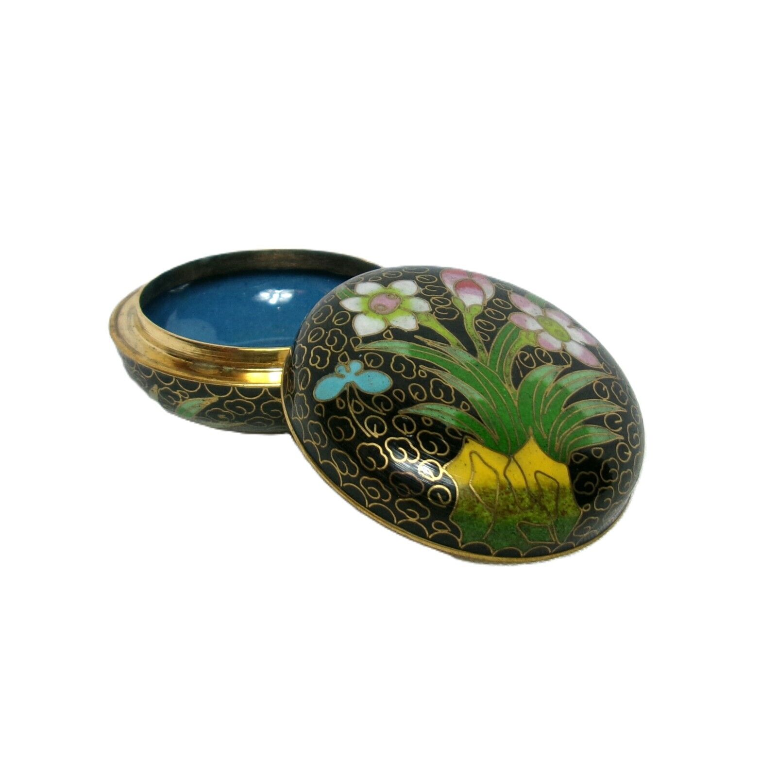 Gorgeous Multicolored Chinese CLOISONNE Enameled Brass Vintage Pill Trinket Box