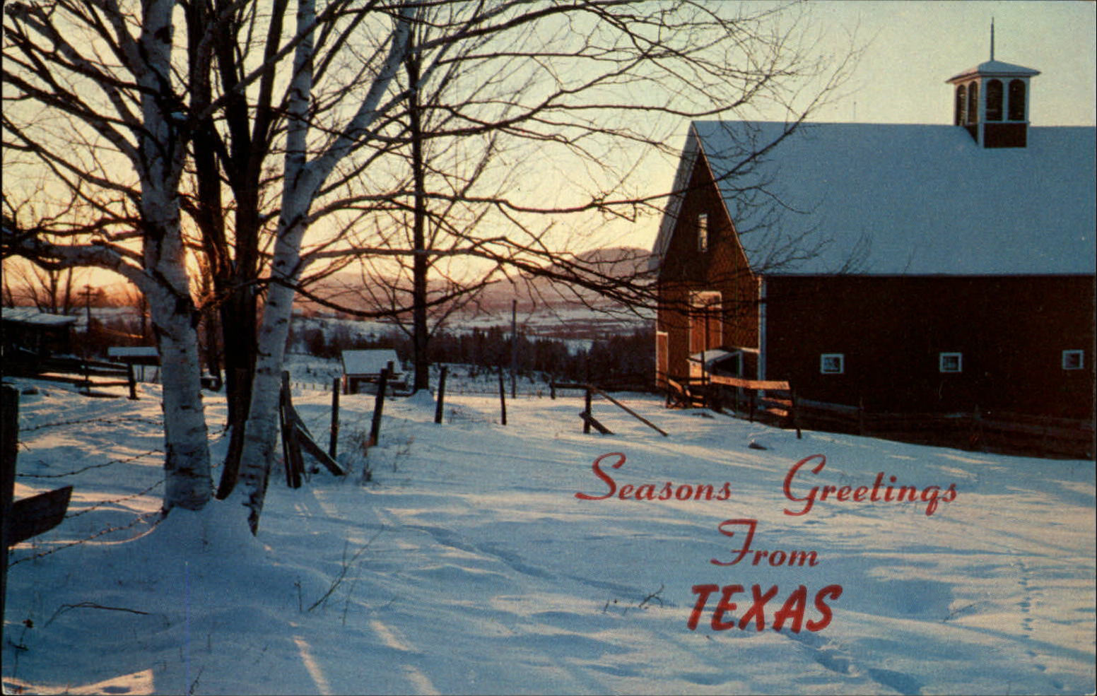 Seasons Greetings from Texas ~ barn ~ sunrise ~  vintage postcard sku949