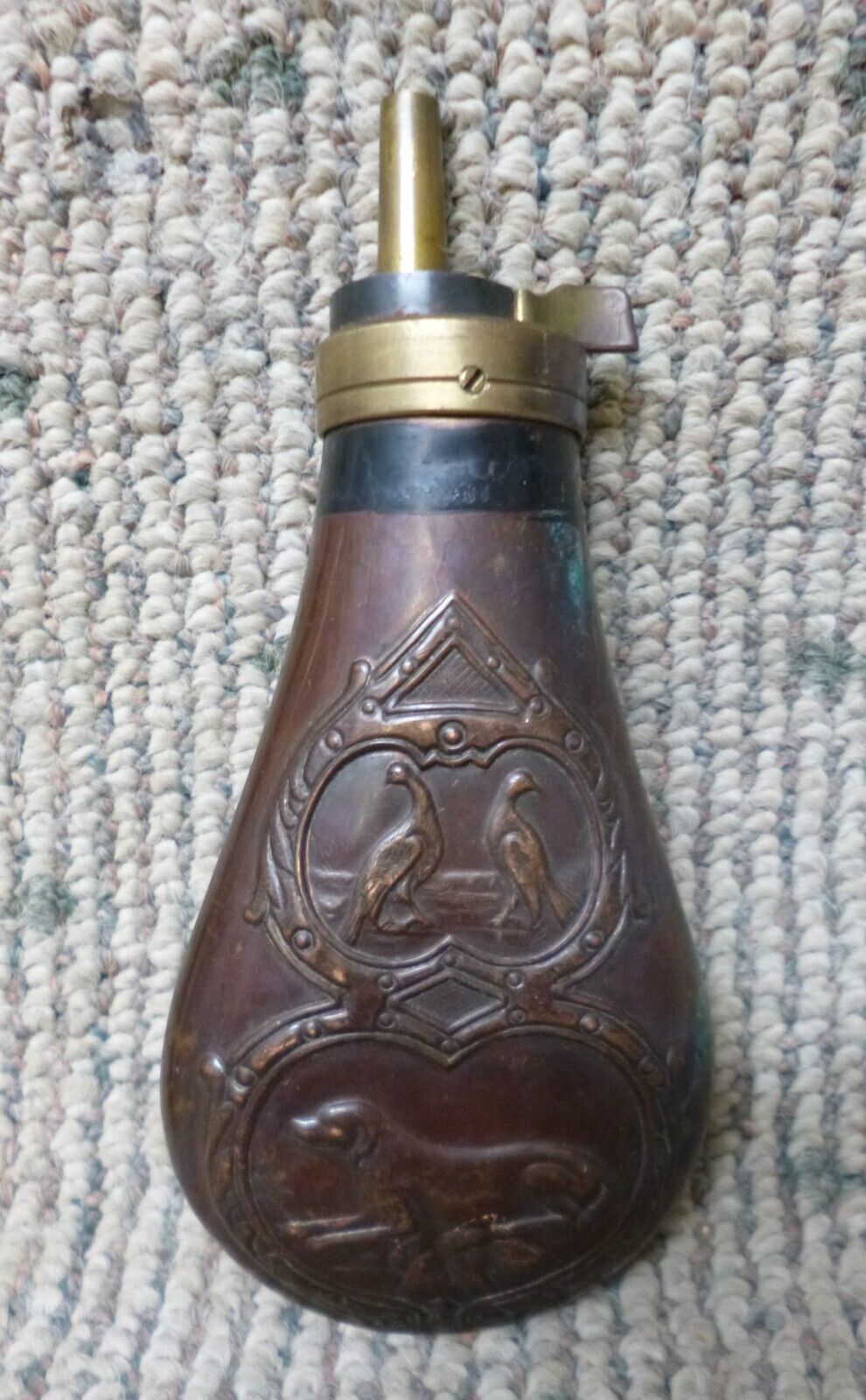 Vintage Reproduction Copper & Brass Embossed Black Powder/Muzzle-Loader Flask