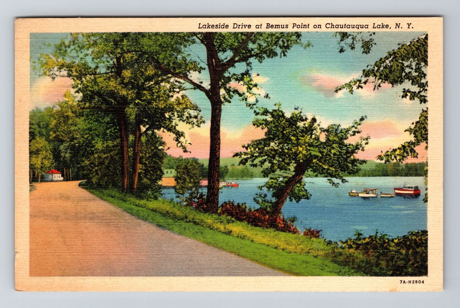 Chautauqua Lake NY-New York, Lakeside Drive Bemus Point Vintage c1939 Postcard