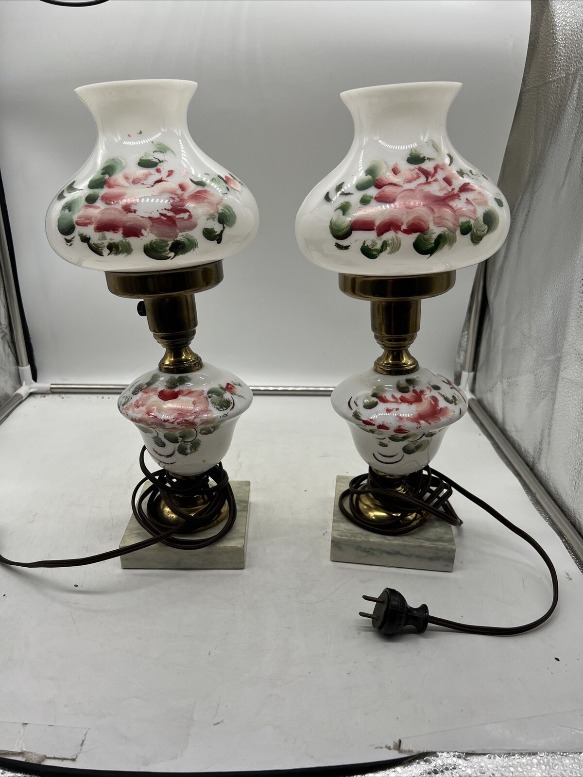 VTG Hand Painted Roses on Milk Glass and Marble Lamps (set of 2 ) READ