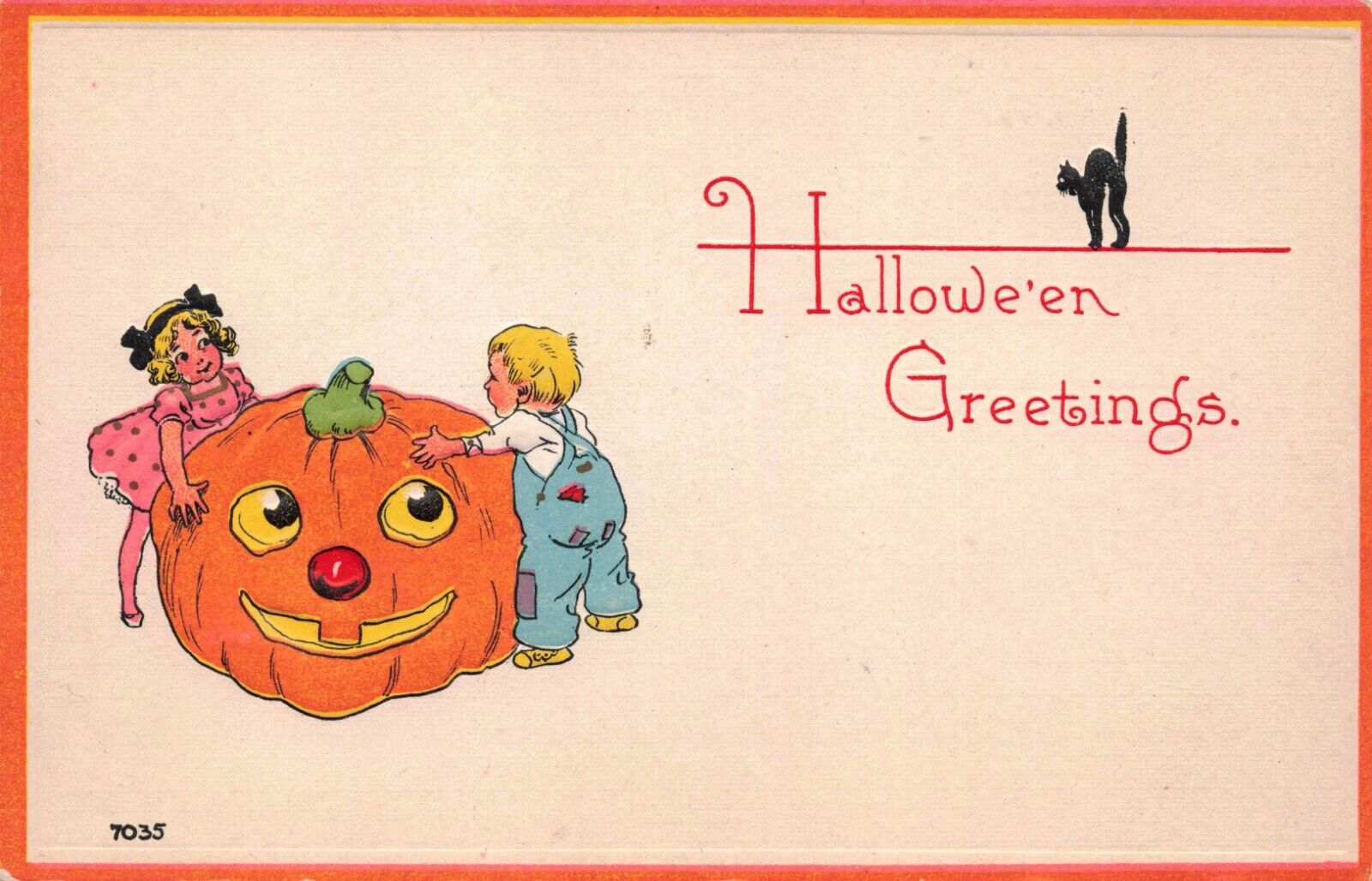 Vintage Halloween Cute Kids, JOL and Black Cat Bergman Unused Embossed Postcard