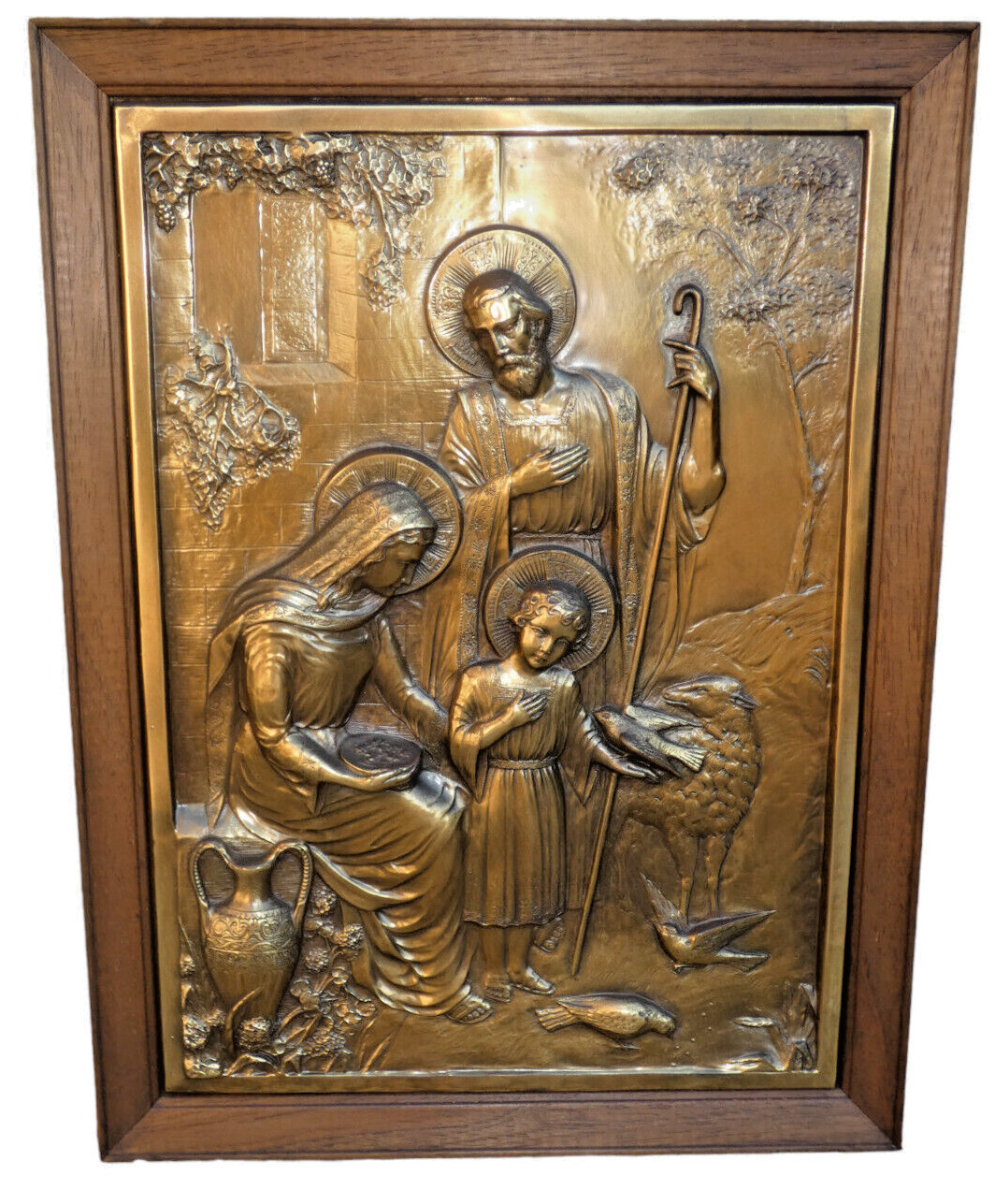 Vintage L 1970 copper wood holy family  jesus joseph mary religious plaque