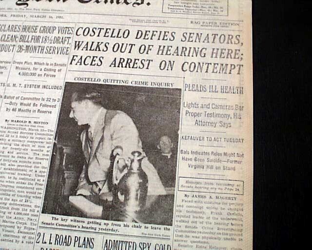 FRANK COSTELLO Gangster MOB BOSS Kefauver Hearings 1951 New York Times Newspaper