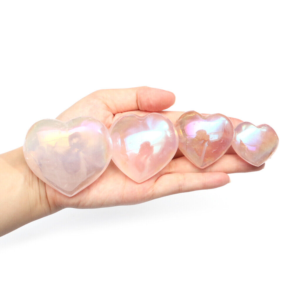 Titanium Rainbow Angel Aura Rose Quartz Heart Pocket Stone Crystal Healing Reiki