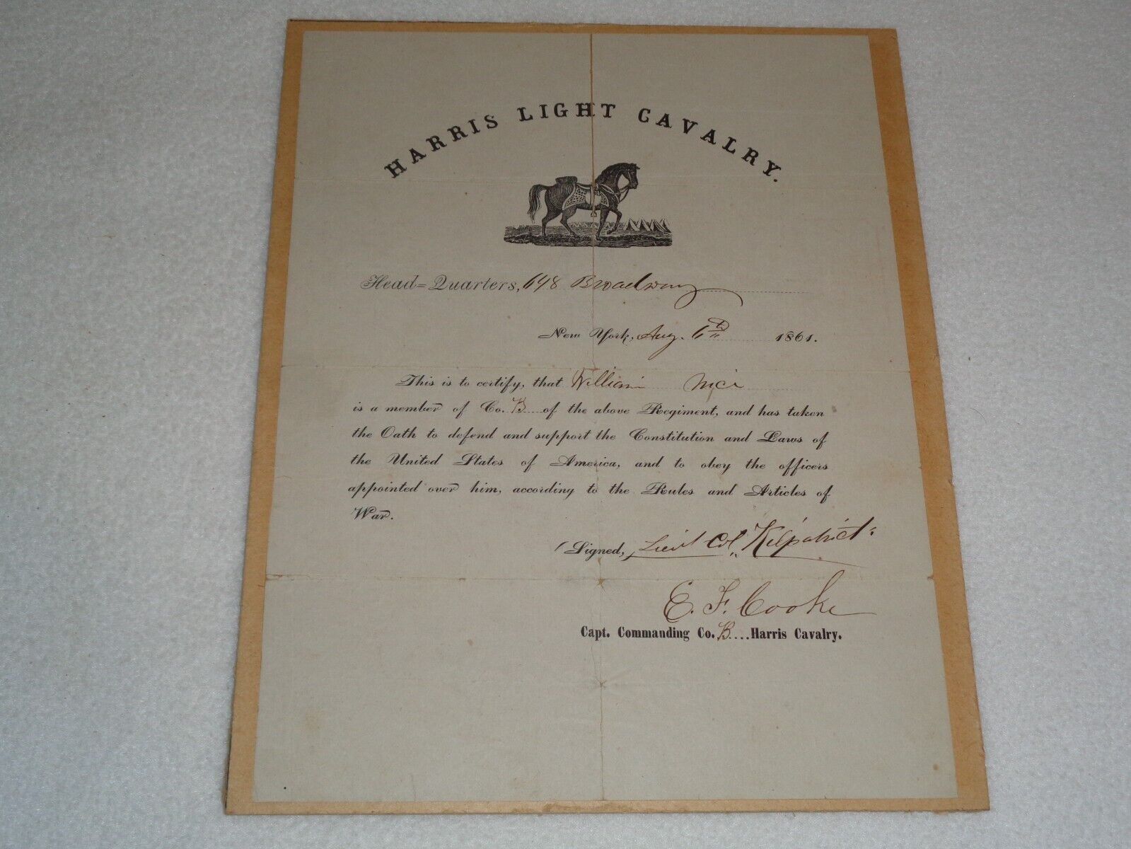 1861 Harris Light Cavalry 2nd New York Regiment Rare Document SIGNED Kilpatrick