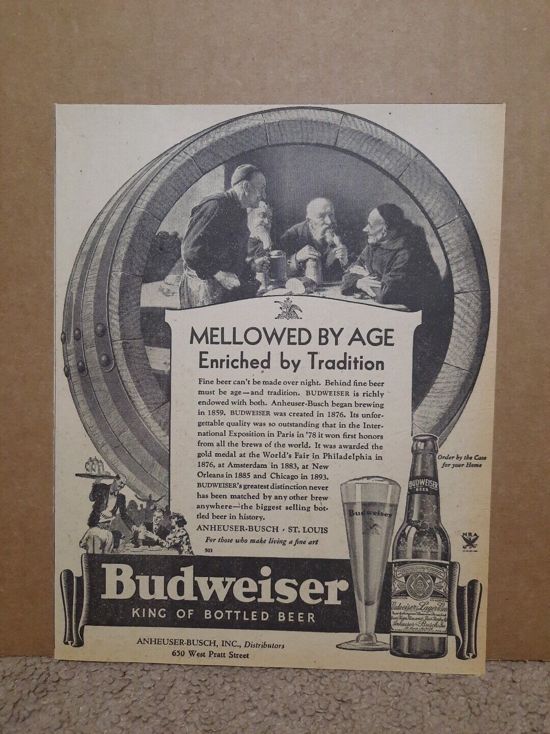 1934 Budweiser Beer Newspaper Ad Anheuser Busch St Louis Missouri Mellowed Byage