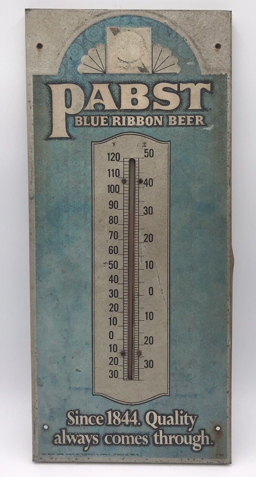 VINTAGE PABST BLUE RIBBON BEER THERMOMETER TIN SIGN GEM IN WORKING ORDER.