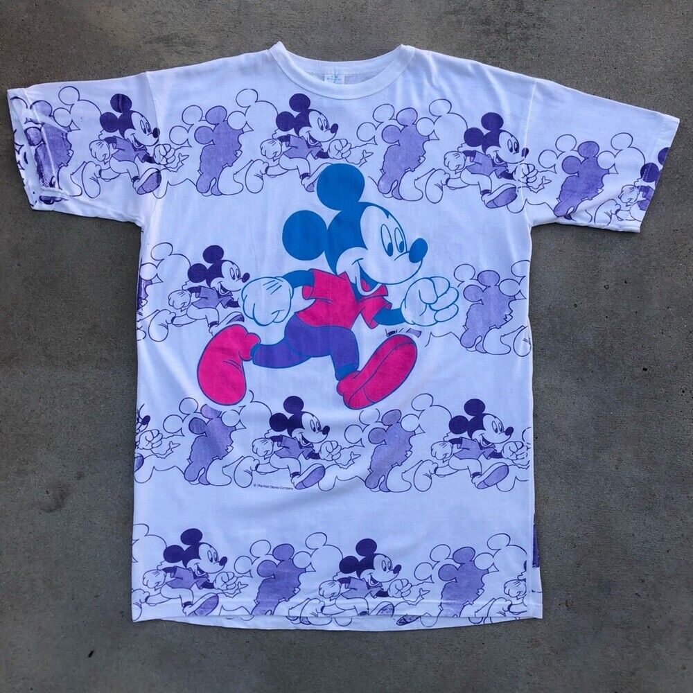 Vtg Walt Disney Company Mickey Mouse All Over Print LVM White Tee - OSFA
