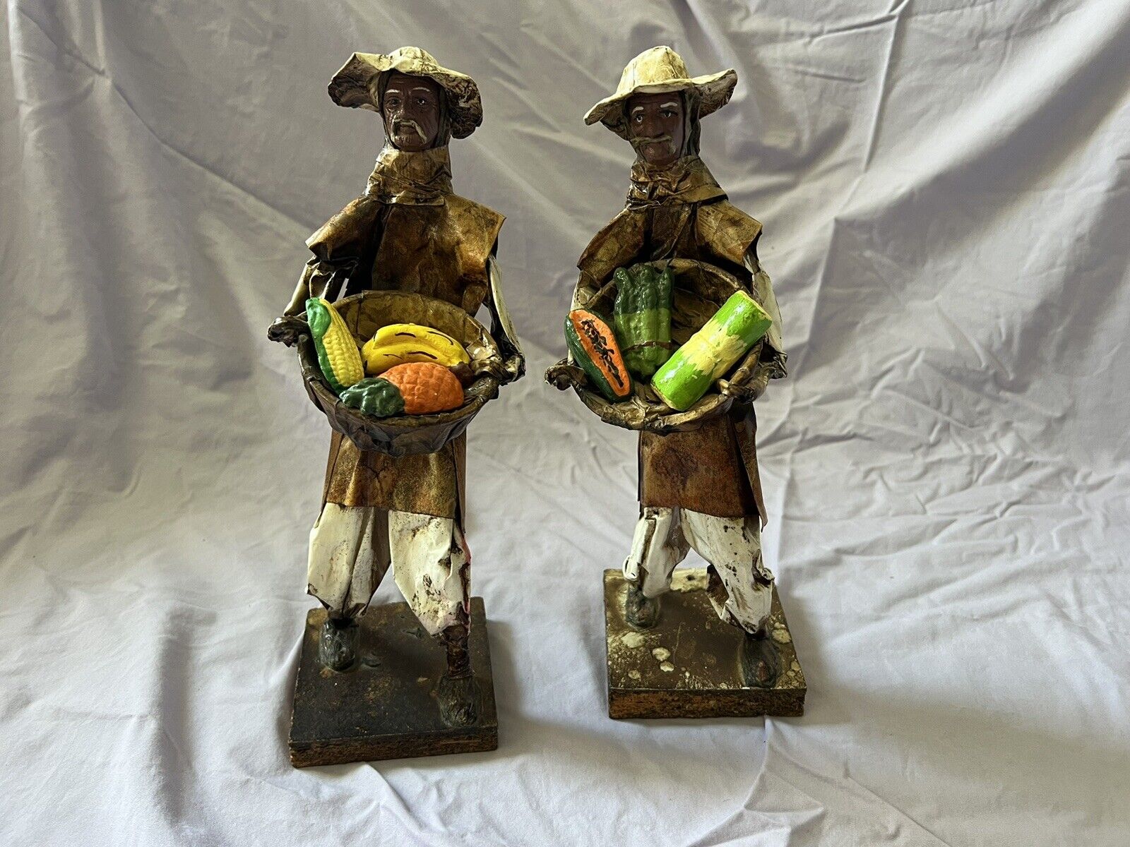 Vintage Paper Mache 2 Village People Folk Art Figurines carrying baskets  - 13\