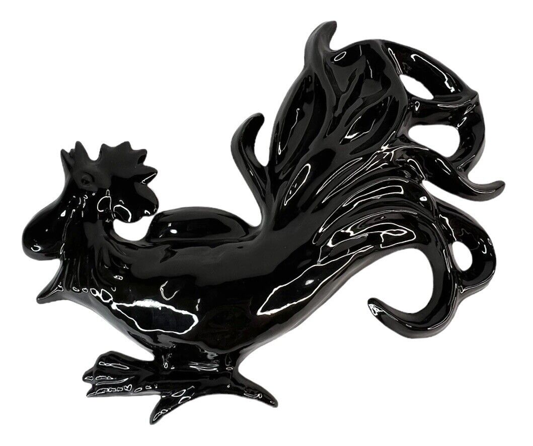 Fighting Rooster Wall Decor Vtg Gloss Black Ceramic Game Cock As Is Chipped Back