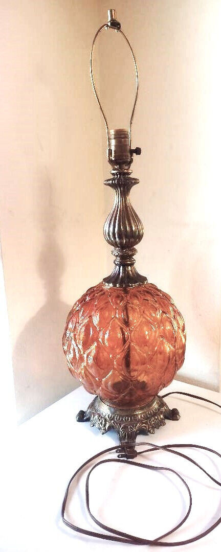 Vintage MCM Hollywood Regency Amber Table Lamp Bubble Glass/Metal 28\