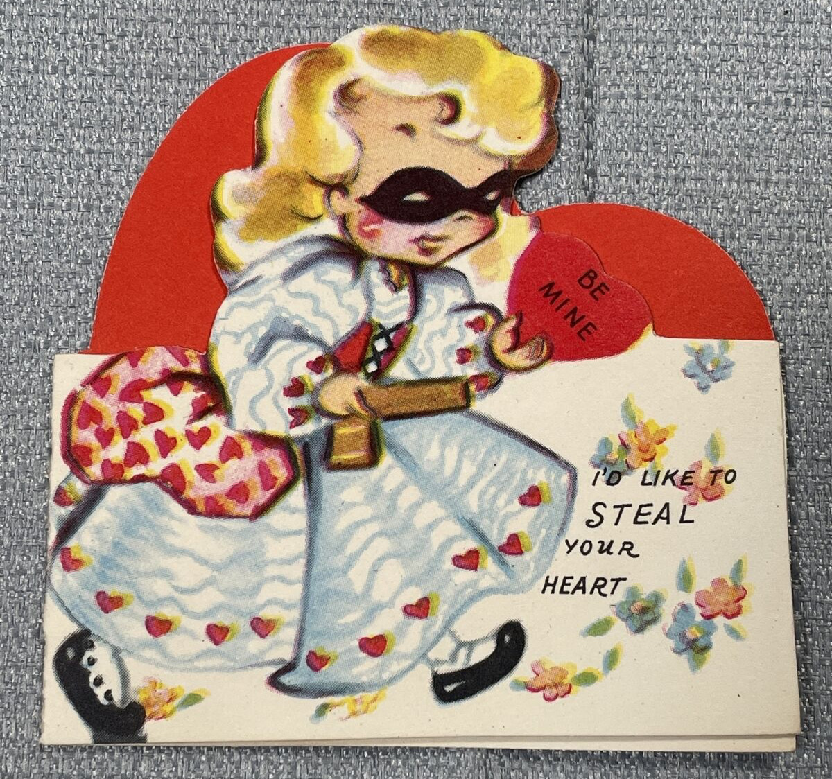Vintage Valentine Card Girl Masked Like To Steal Your Heart  Americard X 4543