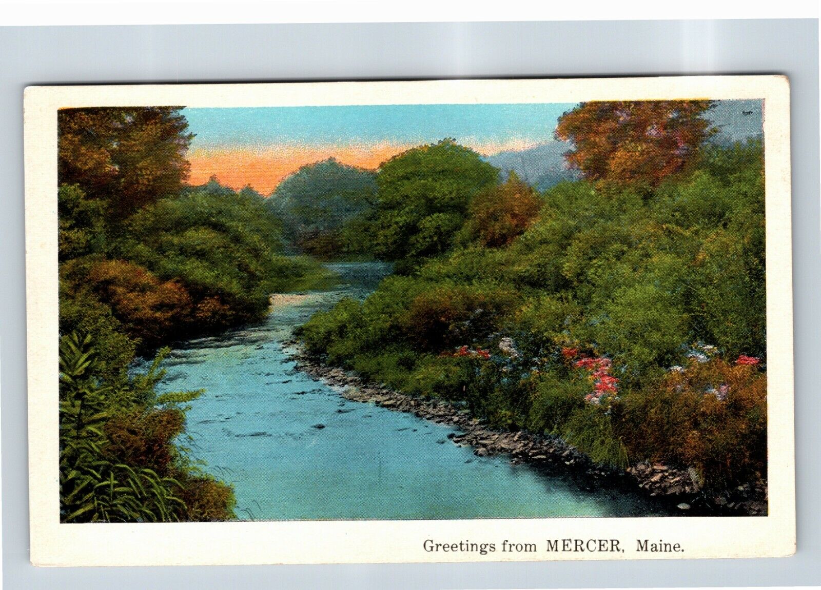 Mercer ME, Scenic River Sunset View, Rocky Shoreline, Maine Vintage Postcard