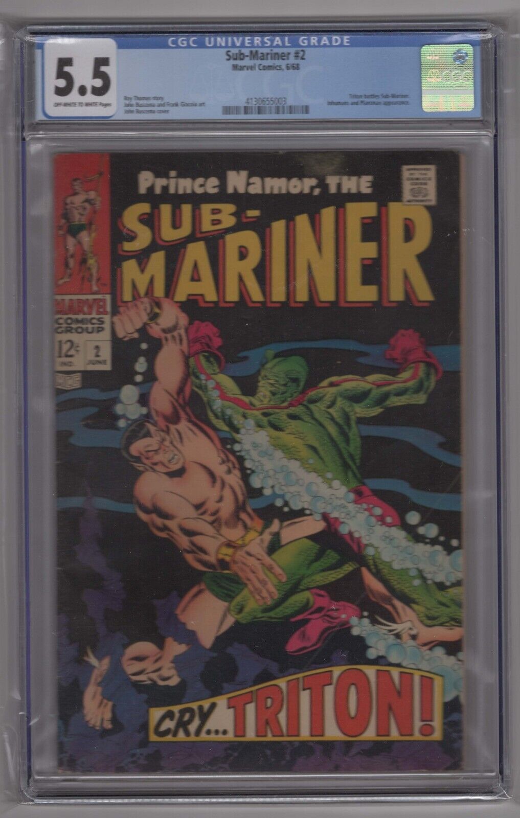 The Sub-Mariner #2 CGC 5.5 (1968) off-white to White pages Marvel Comics