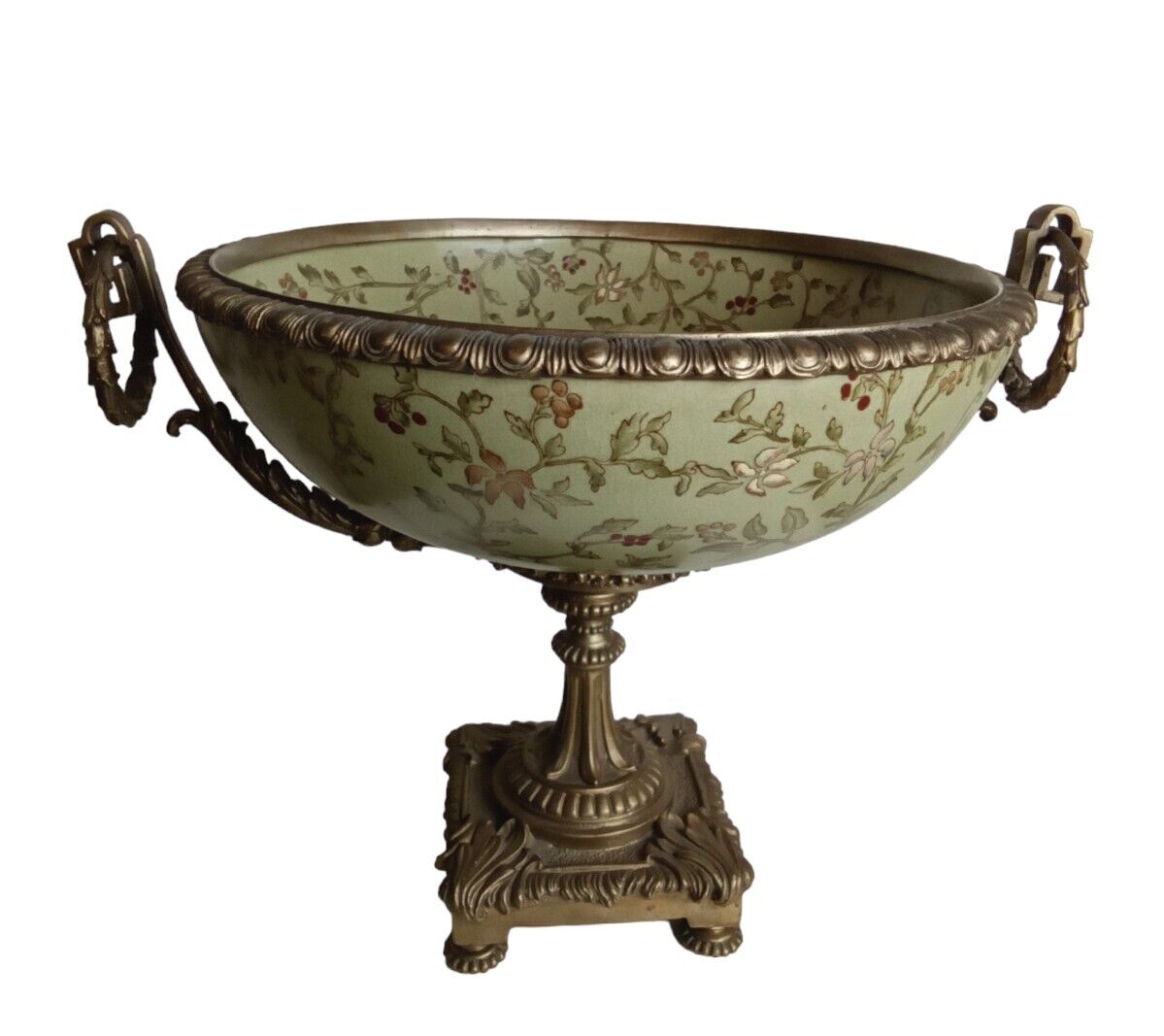 ANTIQUE PAINTED COMPOTE BOWL WITH BRASS DETAIL DECORATIVE BOWL 