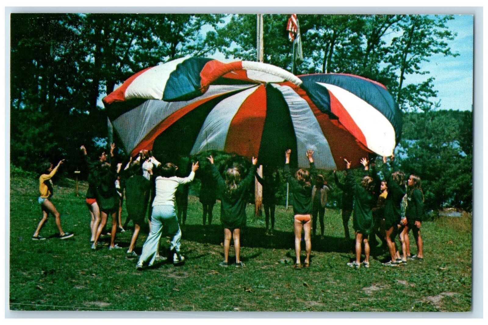 c1950 Camp Norwesco Girls Scout Fun With Parachute Auburn Wisconsin WI Postcard