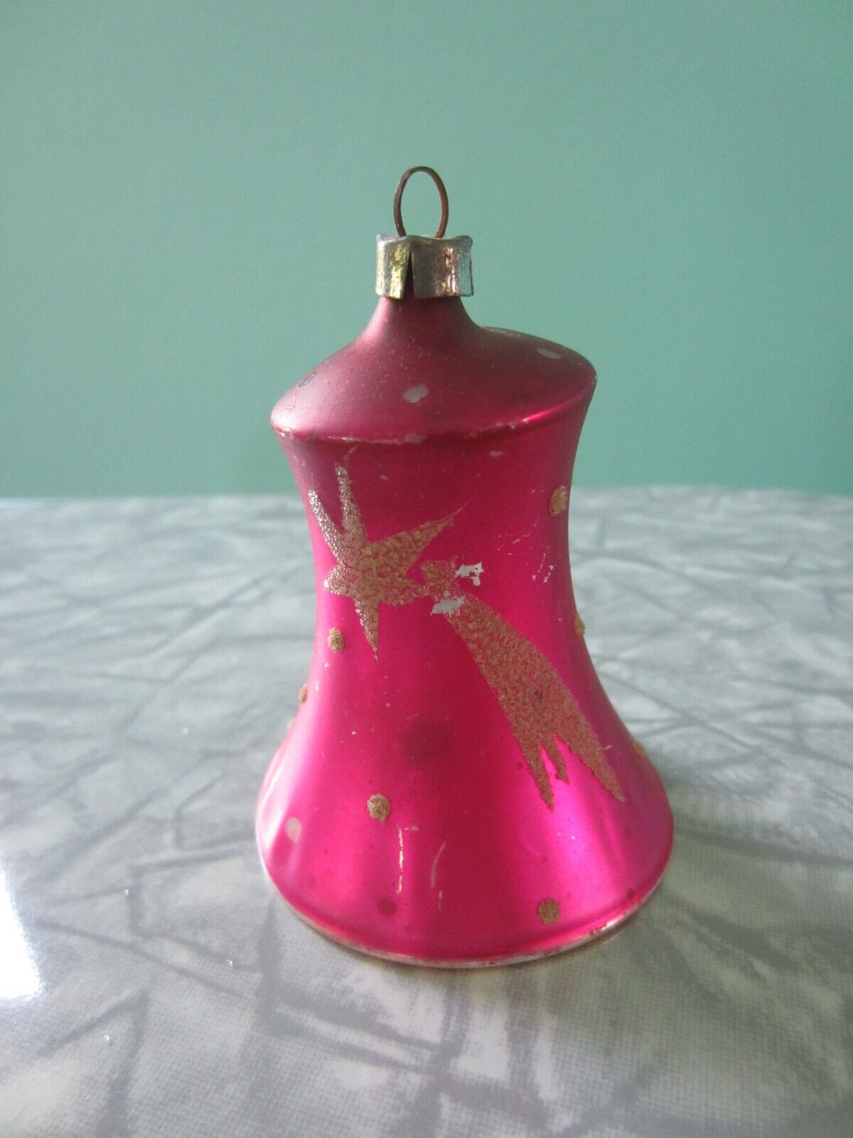 Antique  West Germany Hand Blown Bell Glass Clapper Pink Christmas Ornament