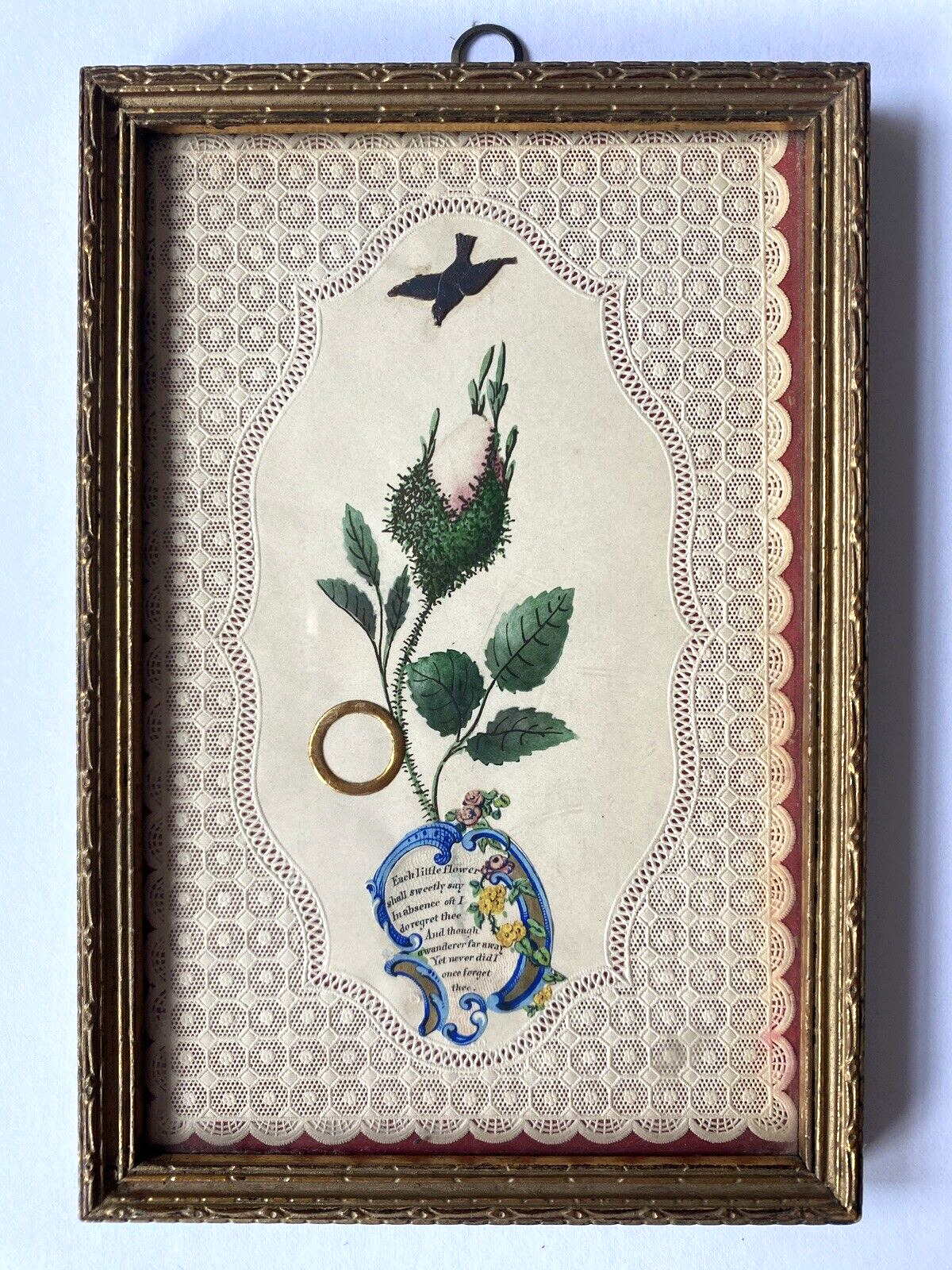 1850 Valentine Crochet Lace Framed Flower Bird Gold Ring