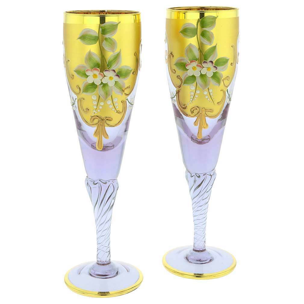 GlassOfVenice Set of Two Murano Glass Champagne Flutes 24K Gold Leaf - Lavender