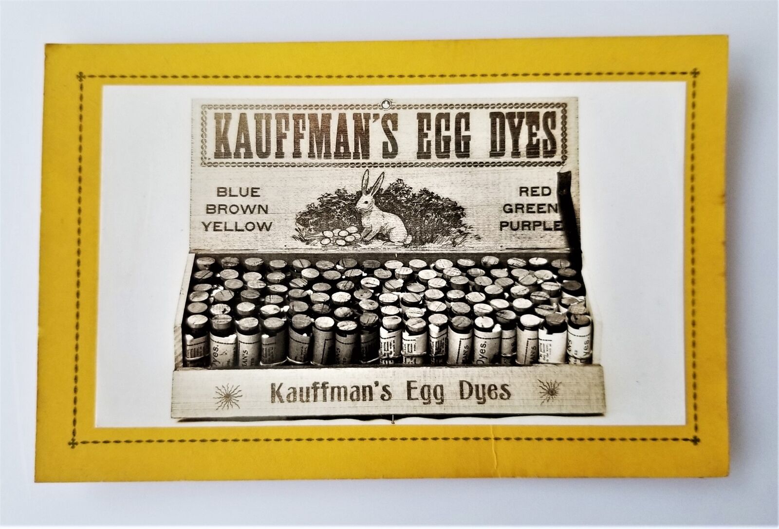 antique KAUFFMAN\'S EGG DYES gap pa Variegated EASTER Trade Card ad color bunny