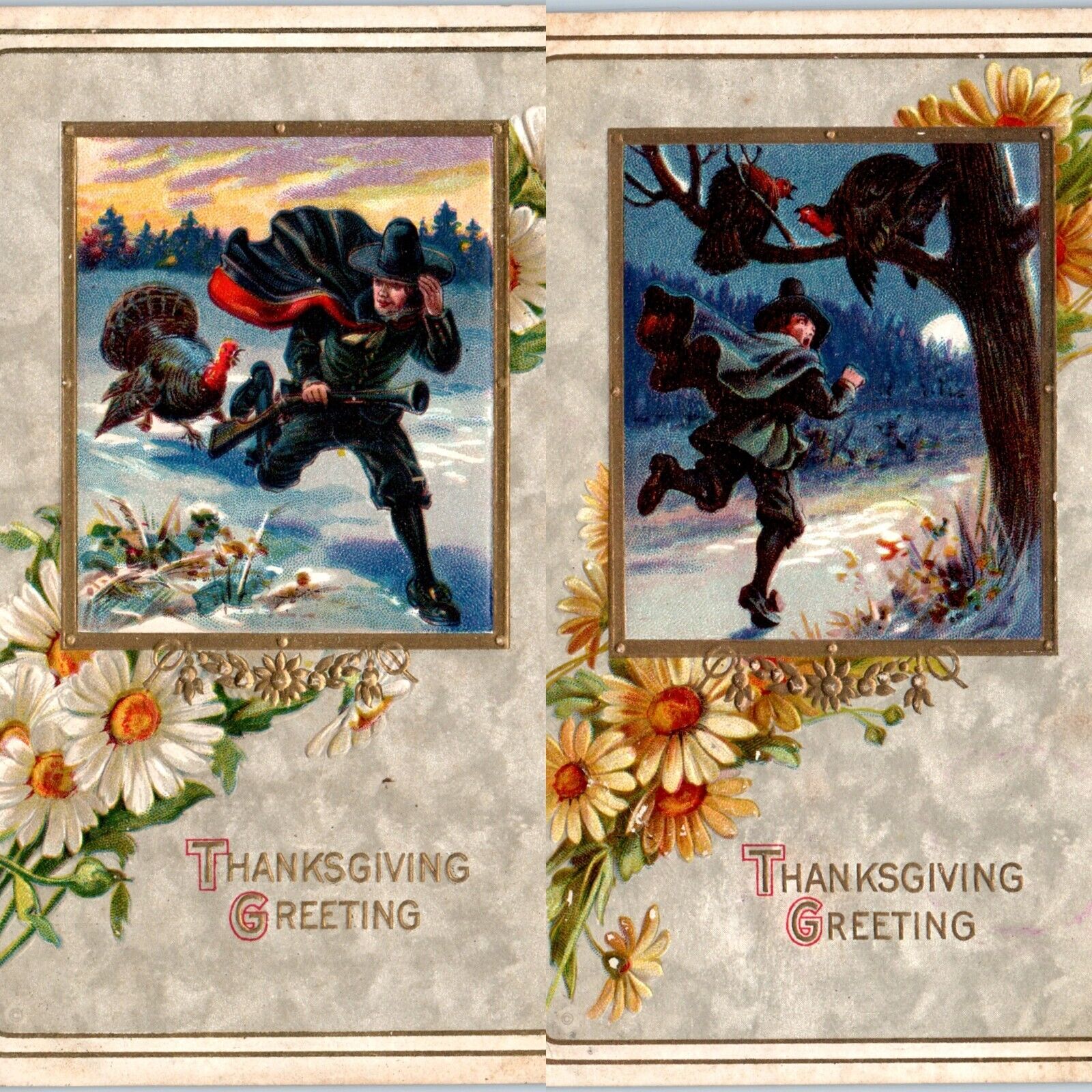 x2 SET c1910s Thanksgiving Greeting Scared Turkey Hunter Halloween Postcard A184