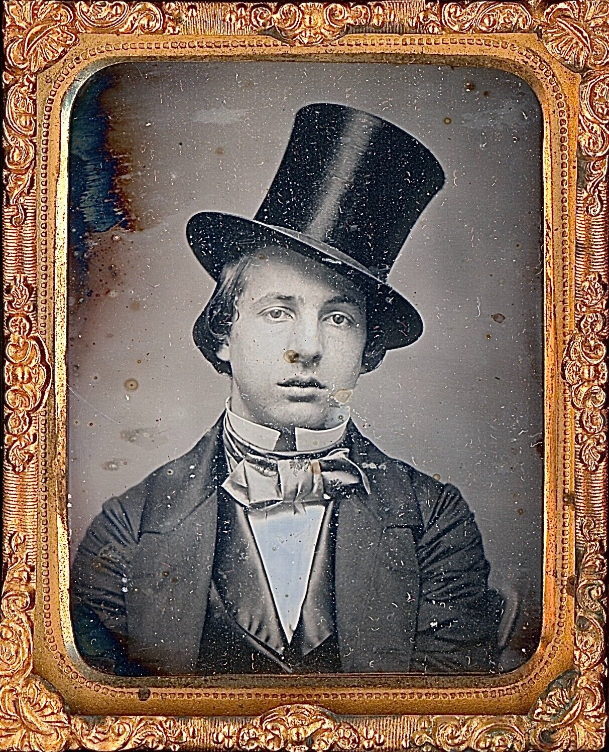 Handsome Young Gentleman Wearing Top Hat Crookedly 1/9 Plate Daguerreotype T211