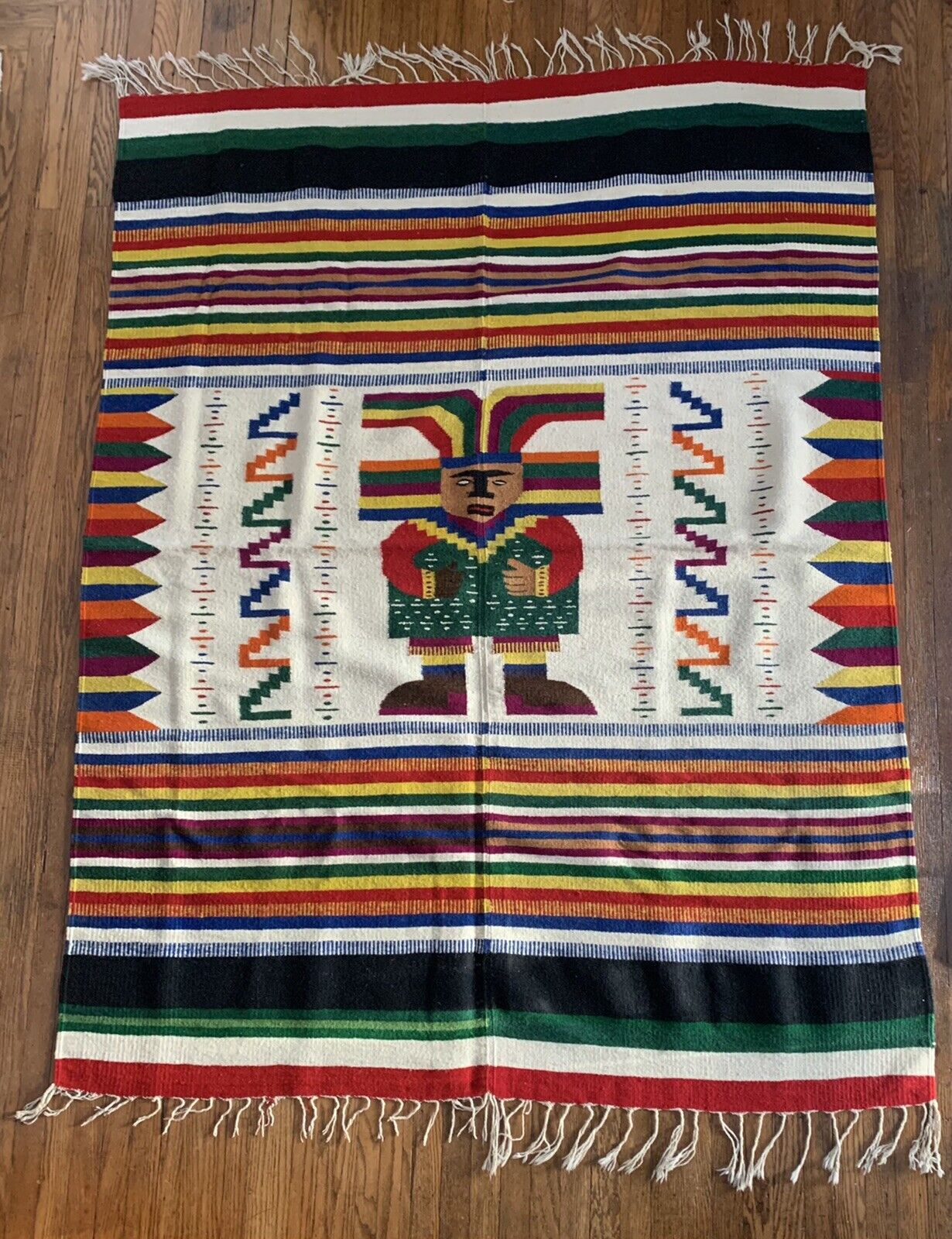 Vintage Mayan Wool Rug Woven Aztec Zapotec Mexican  76X60 Striped Geometric Read