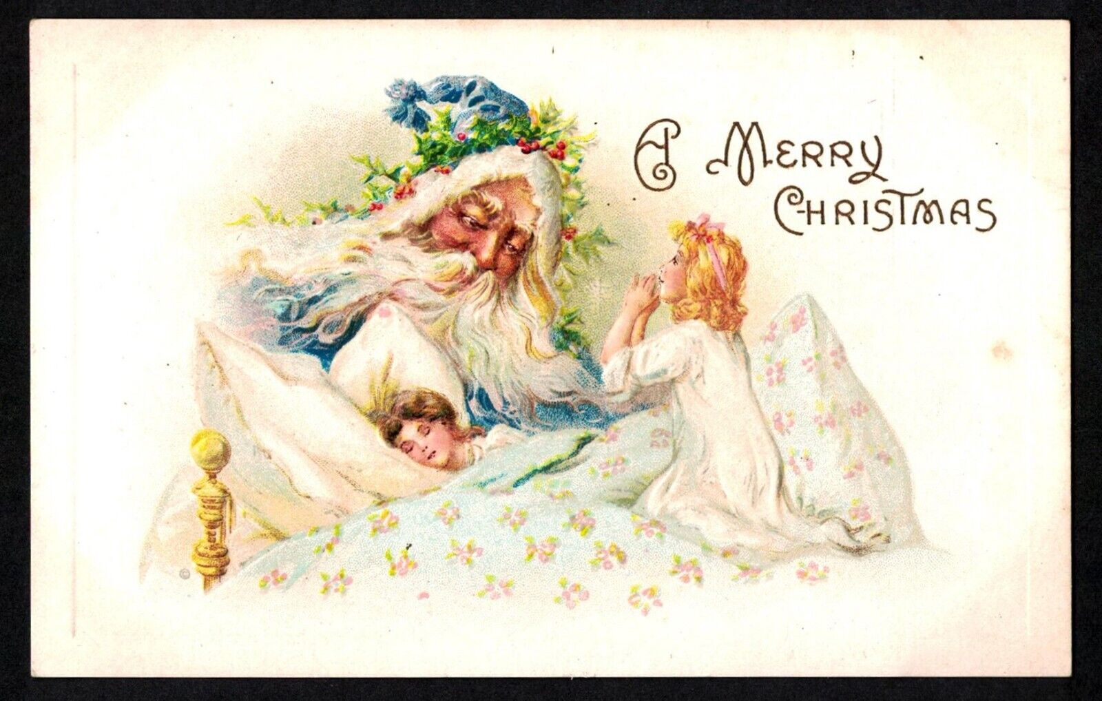 5404 Antique Vintage Christmas Postcard Blue Robe Santa Girls Asleep Praying Bed