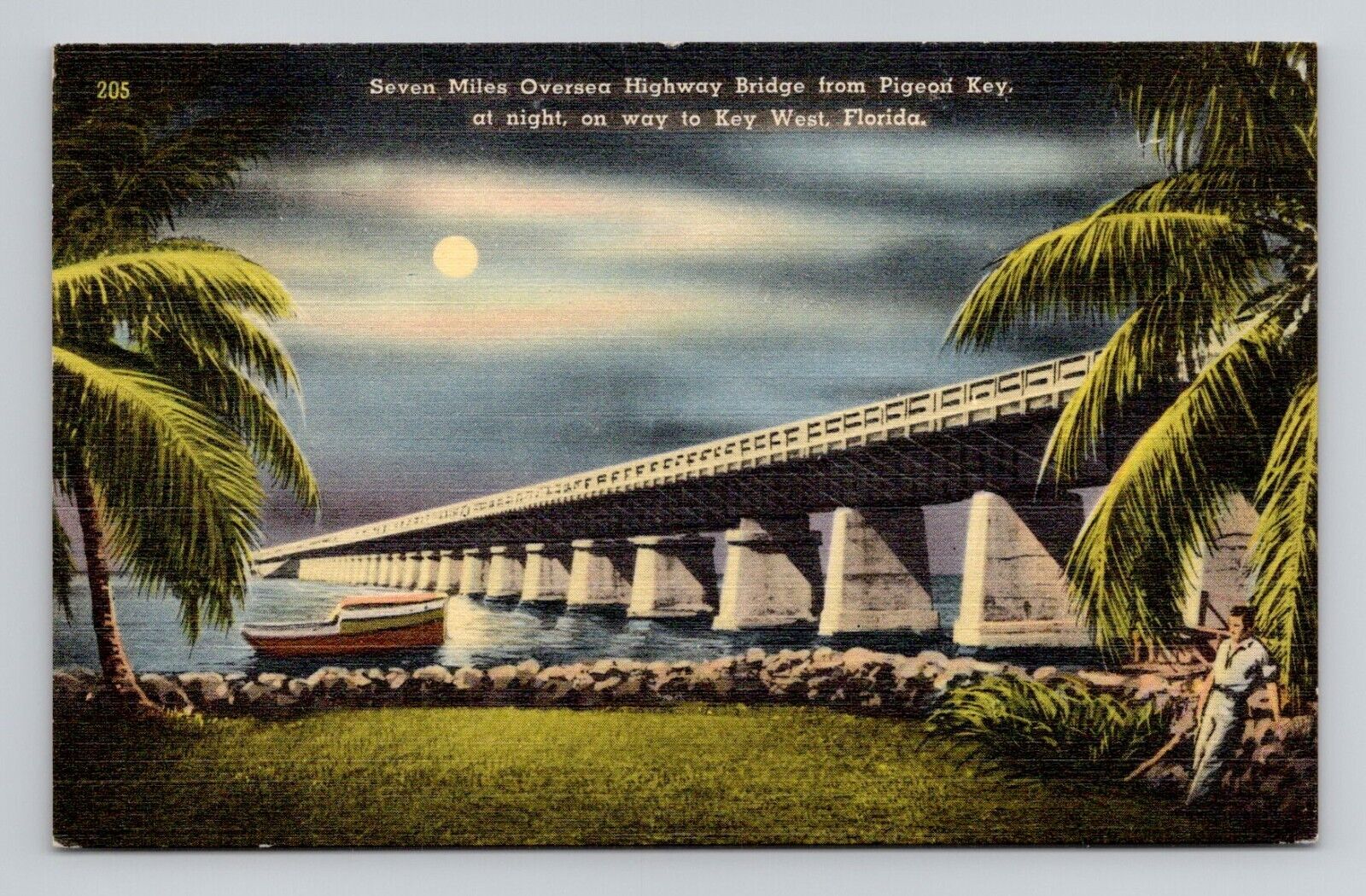 Postcard Overseas Highway at Night Pigeon Key Florida FL, Vintage Linen C4