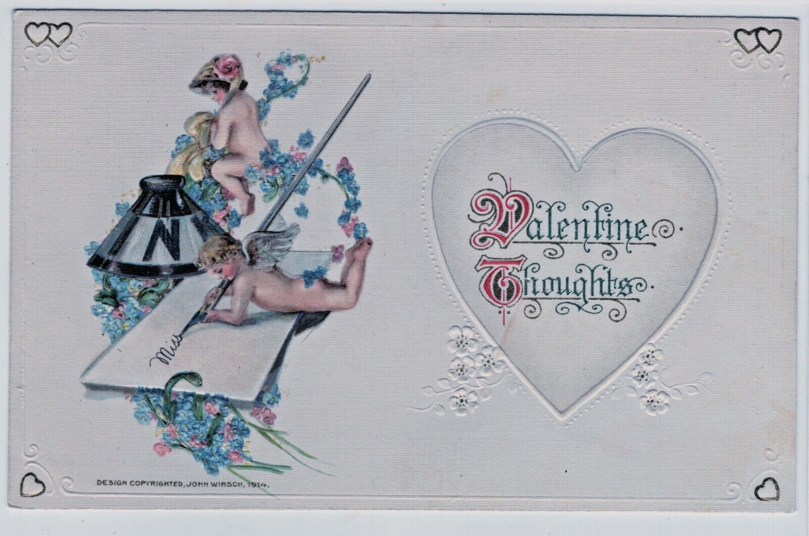 Valentine Vintage Postcard John Winsch 1914 Cupid Inkwell Fountain Pen