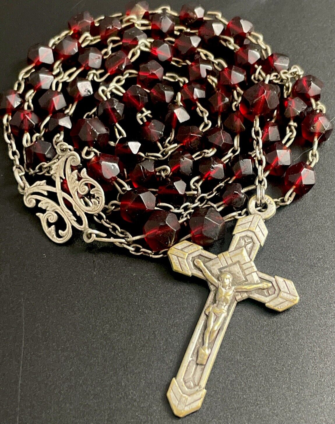 Vintage Catholic Red Glass  Rosary, Silver Tone Crucifix
