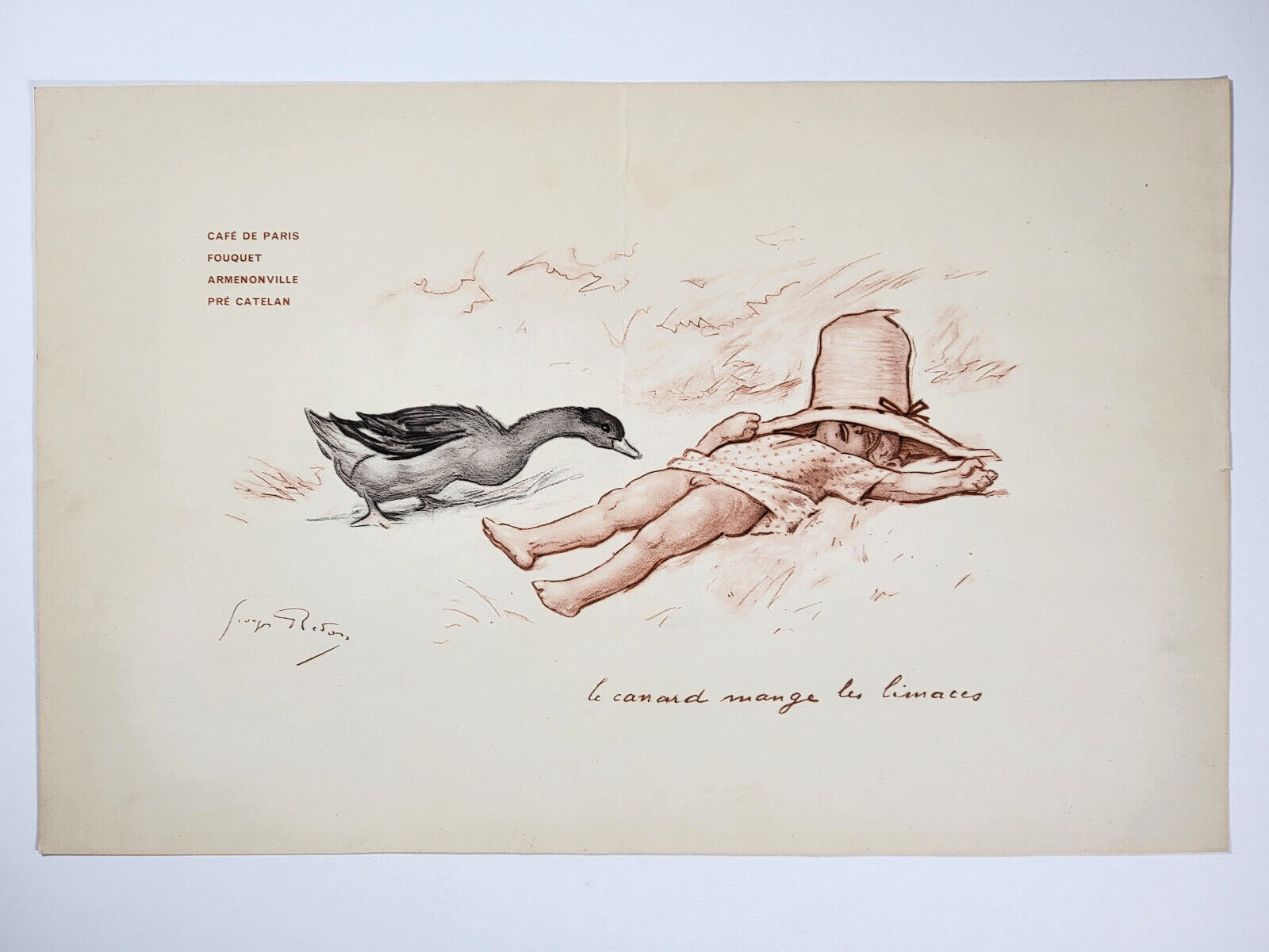 20 December 1950 Menu Fouquet's Café de Paris G. REDON garçon canard boy duck