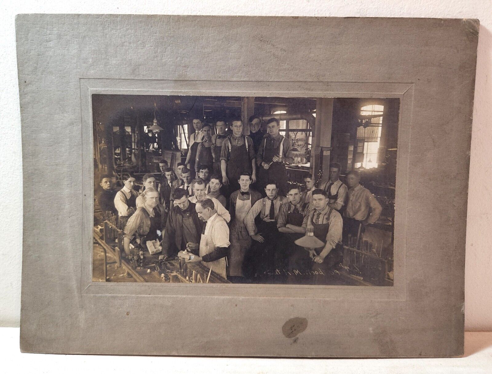 1909 boys, wood shop class, Lyndon, Vermont; history, cabinet card photo 