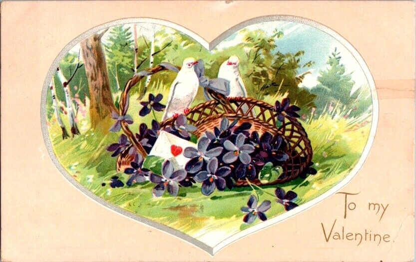 Tuck\'s Valentine\'s Postcard Two White Doves & Flower Basket Inside Heart   B-379